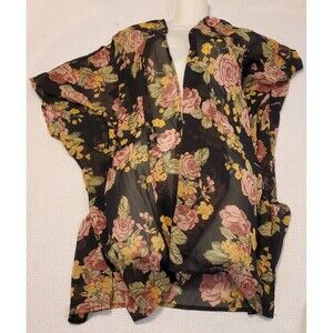 Womens Floral Open Kimono Cover Up OSFM Summer Antique Roses Sheer